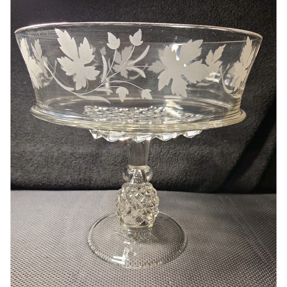 Vntg EAPG Ripley US Glass Pavonia Pineapple Stem Open Compote W/ Leaves 9.5 T